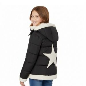 Sam Edelman Girls Youth Puffer Jacket Sherpa Trim Star Medium 10/12 Black NWT